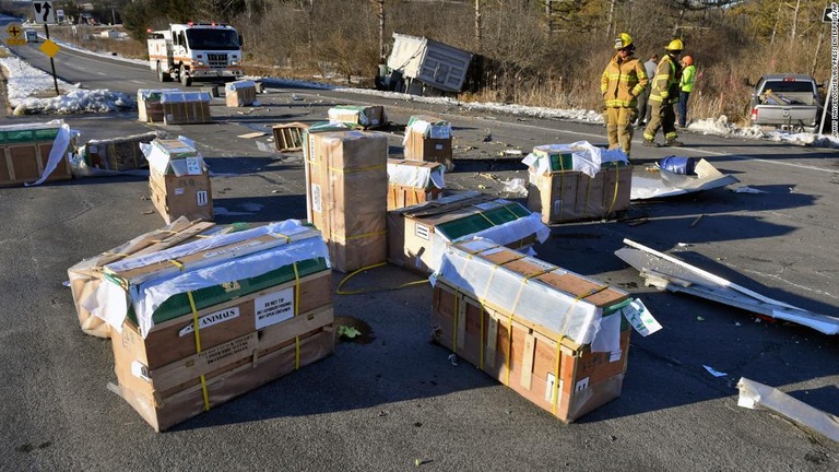 路上に散乱した、サルを運んでいた木箱/Jimmy May/Bloomsburg Press Enterprise/AP