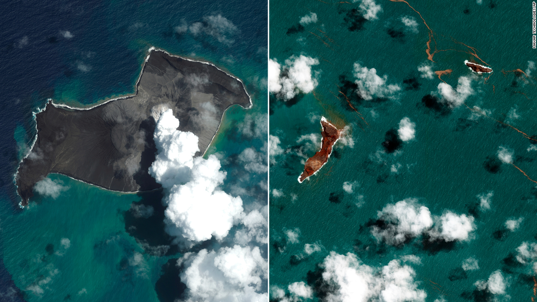 左が１月６日、右が１月１８日の衛星画像/Maxar Technologies/AP