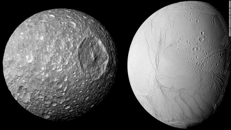 土星最小の衛星ミマス（左）は衛星エンケラドスのように内部に海が存在する可能性がある/NASA/JPL-Caltech/Space Science Institute