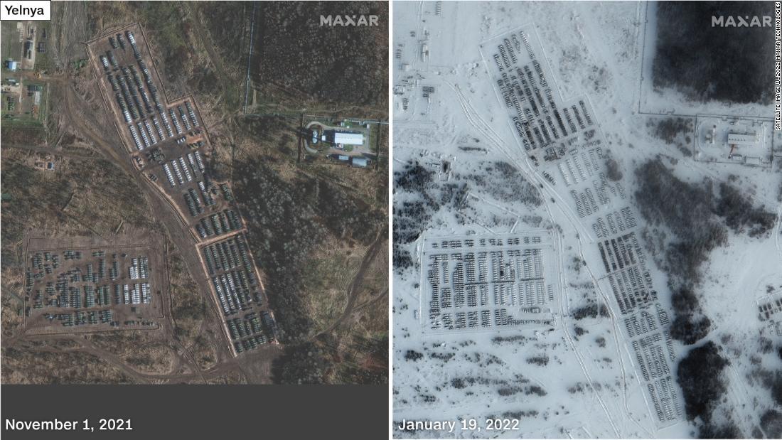ロシア・エリニャの衛星写真。機甲部隊や支援装置がみられる/Satellite image ©️2022 Maxar Technologies