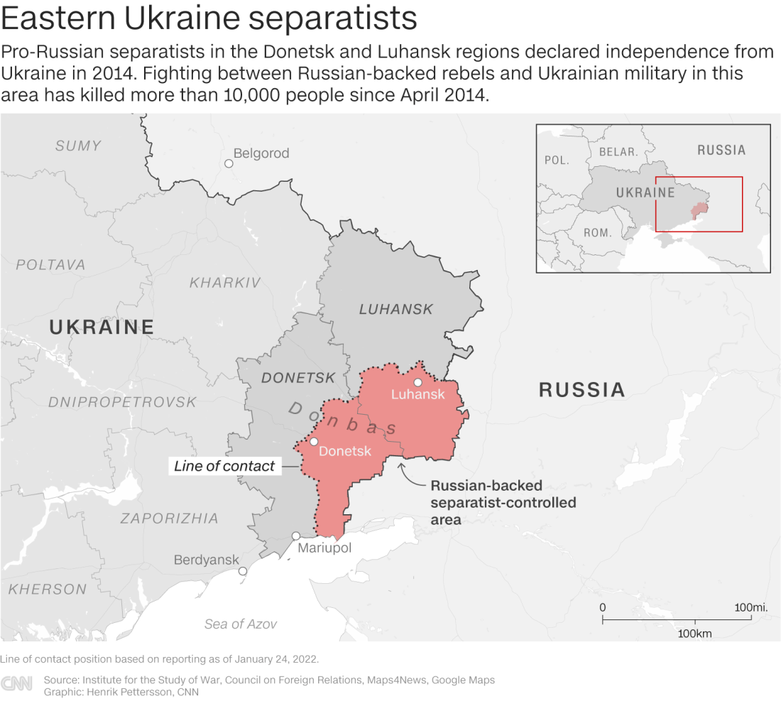 赤色の部分がロシアが支援する分離独立派の実効支配地域。ドネツク州とルガンスク州にいる親ロシアの分離独立派は２０１４年に独立を宣言。ロシアの支援を受ける反政府勢力とウクライナ軍の同地域での交戦で１４年４月以降１万人以上が死亡した/Source: Institute for the Study of War, Council on Foreign Relations, Maps4News, Google Maps Graphic: Henrik Petterson, CNN