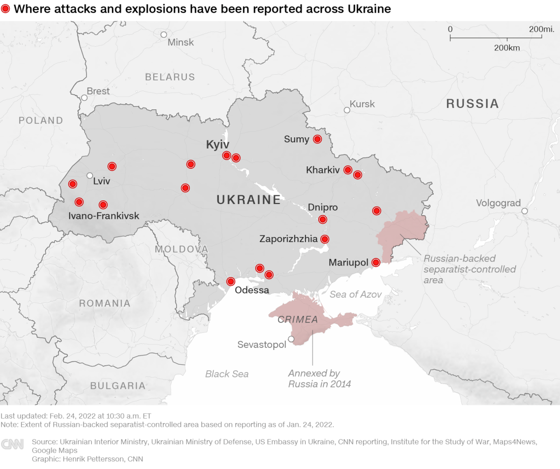 赤い丸は攻撃や爆発が報告された場所を示す　注：ロシアが支援する分離独立派の支配地域の範囲は２０２２年１月２４日時点の報告に基づく