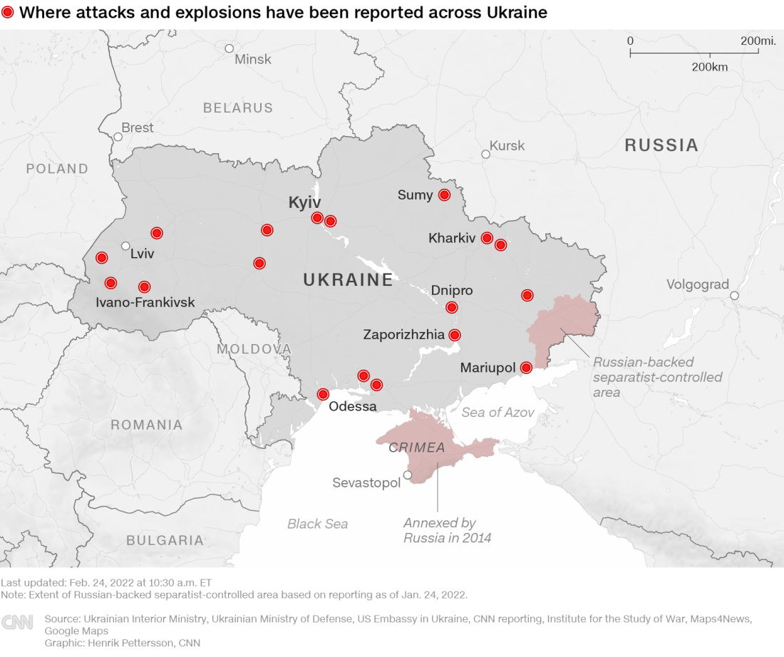赤い丸は攻撃や爆発が報告された場所を示す 注:ロシアが支援する分離独立派の支配地域の範囲は2022年1月24日時点の報告に基づく
