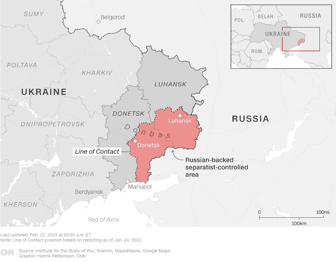 赤い地域がロシアが支援する分離独立派の支配地域、点線が接触ラインを示す　注：接触ラインは２０２２年１月２４日時点の報告に基づく