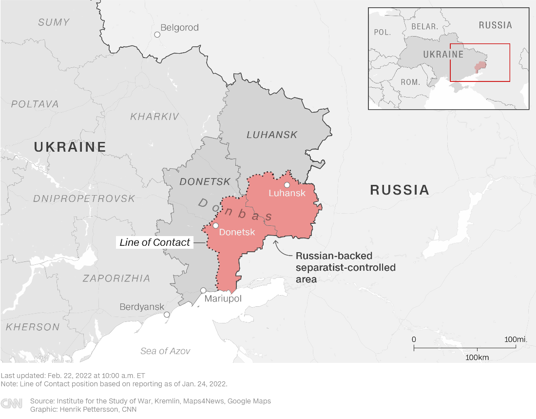 赤い地域がロシアが支援する分離独立派の支配地域、点線が接触ラインを示す 注:接触ラインは2022年1月24日時点の報告に基づく
