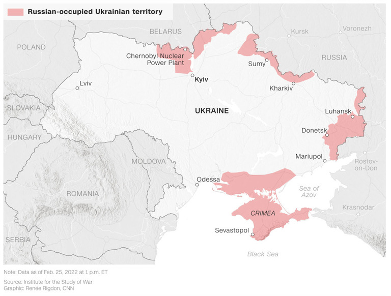 赤色はロシアが占領した地域を示す