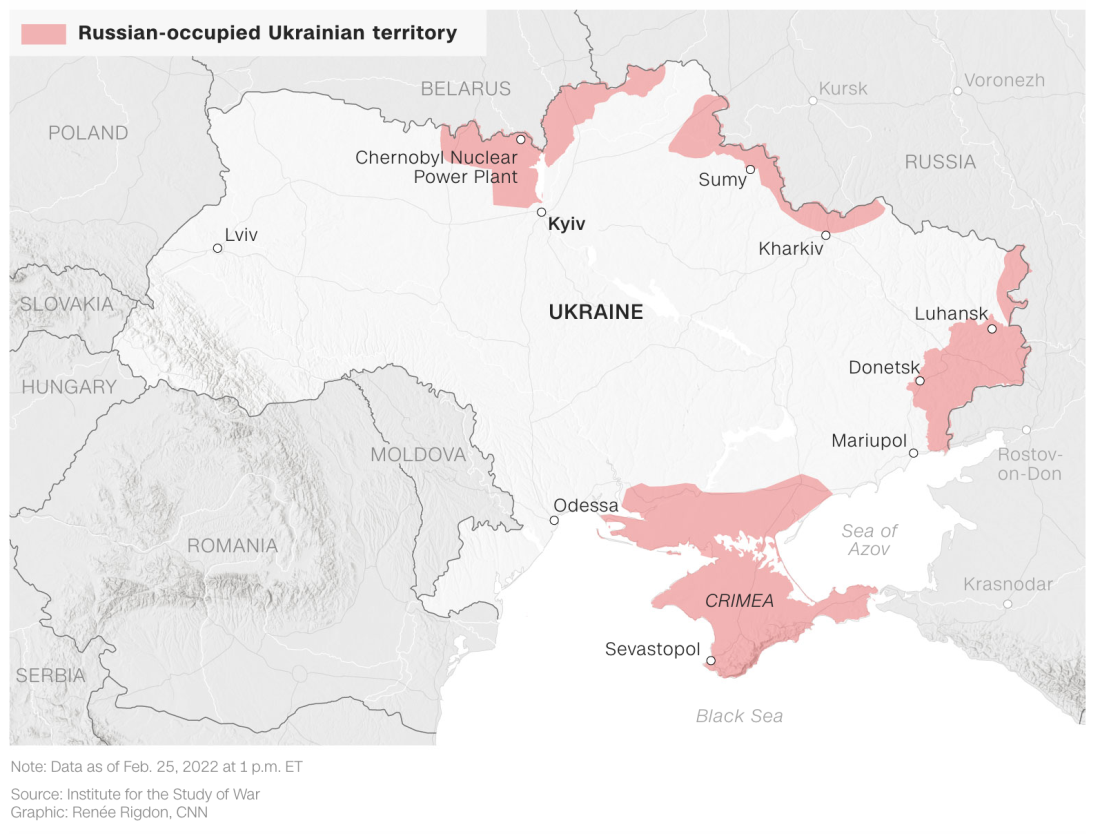 赤色はロシアが占領した地域を示す/Source: Institute for the Study of War Grahpic:Renée Rigdon, CNN