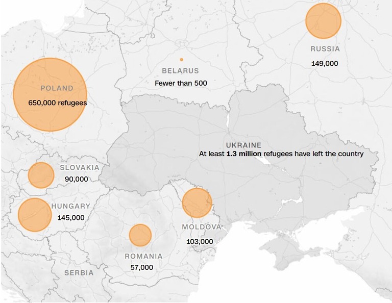 他の欧州諸国に逃れた難民１１万人は地図に含まれていない。ロシアの総数には２月１８～２３日にドネツク、ルガンスク両地域から流入した約９万６０００人が含まれる。他の国の総数は２４日以降の流入数を示している/United Nations High Commissioner for Refugees