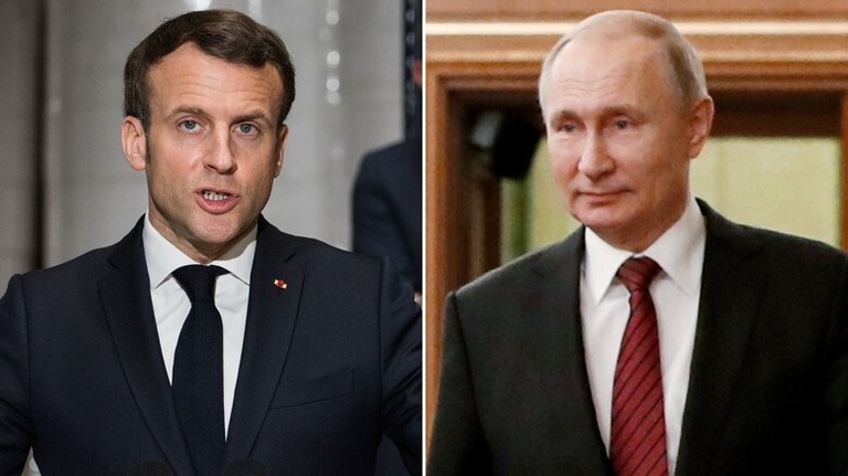 ６日に電話会談を行ったフランスのマクロン大統領（左）とロシアのプーチン大統領/Getty Images