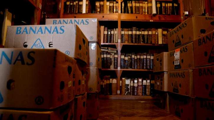 バナナの配送用だった段ボール箱が、今は貴重な芸術作品の保管に使用されている