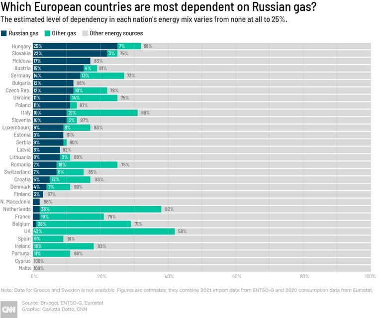 欧州各国のエネルギーミックスに占めるロシア産天然ガスへの依存度の推定値。藍色がロシア産天然ガス、青緑色は他の天然ガス、灰色は他のエネルギー源を示す　注：ギリシャとスウェーデンのデータは入手できていない。２０２１年のENTSO-Gの輸入データと２０年のEurostatの消費データを合わせた推定値/Source: Bruegel, ENTSO-G, Eurostat Graphic: Carlotta Dotto, CNN