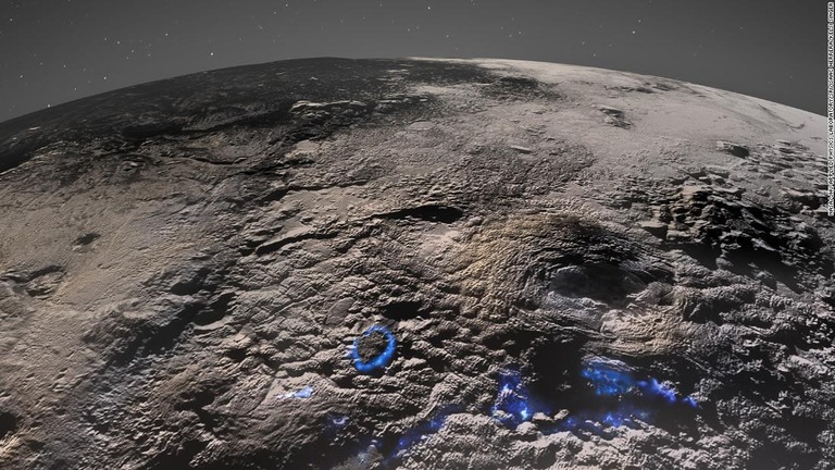 ＮＡＳＡのニューホライズンズによって撮影された冥王星の火山地域。青色は過去の火山活動の過程がみられる場所/NASA/JHU Applied Physics Laboratory/SRI/Isaac Herrera/Kelsi Singer