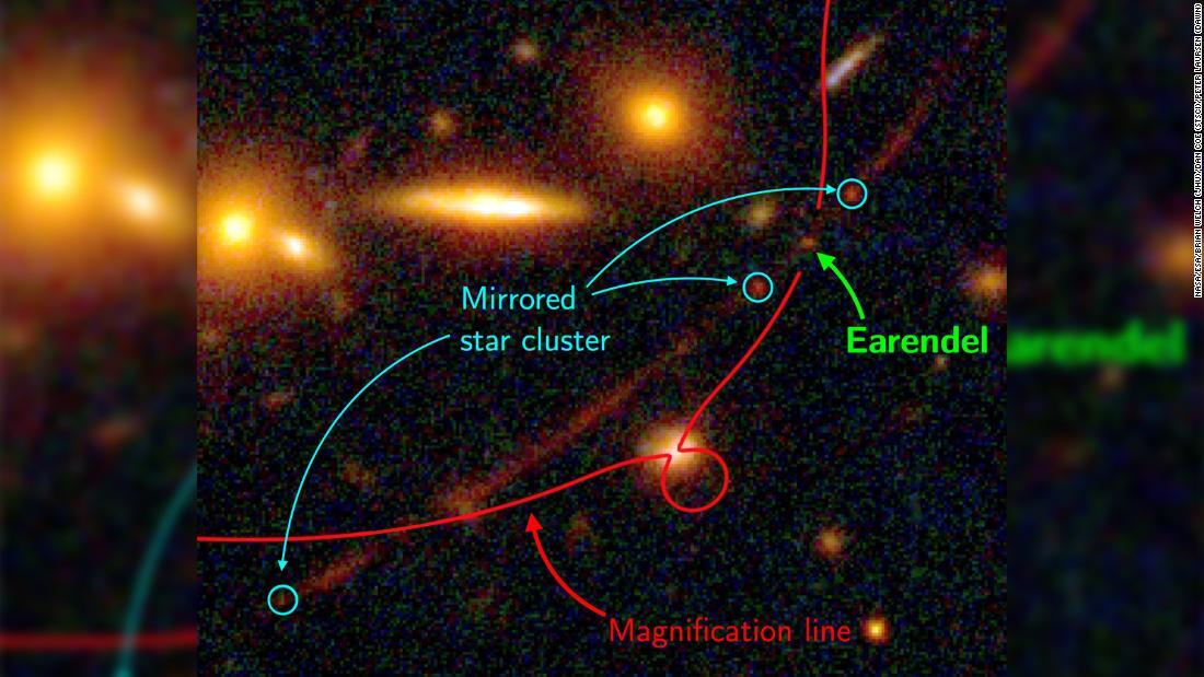 エアレンダルがある小さな領域を示した画像。増幅率は数千倍/NASA/ESA/Brian Welch (JHU)/Dan Coe (STScI)/Peter Laursen (DAWN)