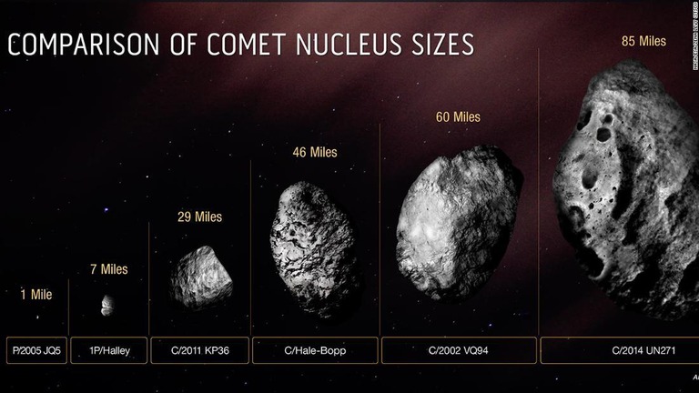 彗星の核の比較図。右端が「C/2014 UN271」/NASA/ESA/Zena Levy (STScI)