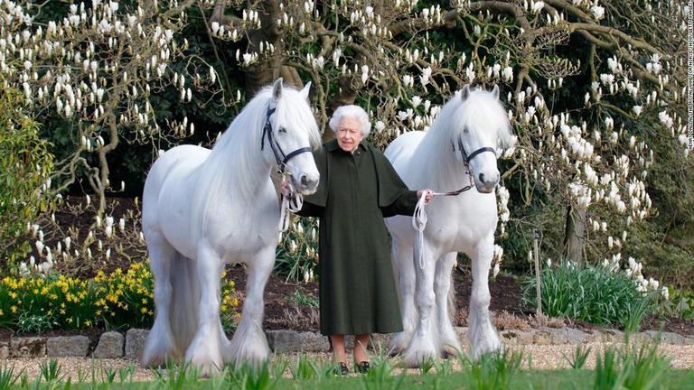 ウィンザー城で２頭のフェルポニーと写真に収まる英エリザベス女王/Henry Dallal/The Royal Windsor Horse Show/Getty Images