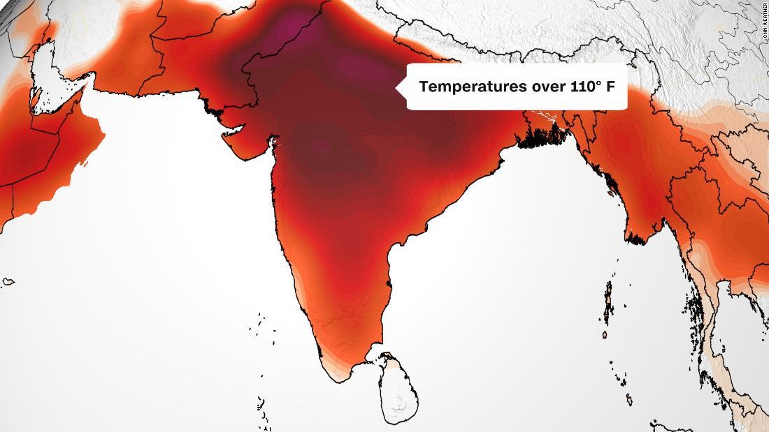 ２８日のインドの予想最高気温。３２度を超える地域はオレンジ色、３７度を超える地域は赤色/CNN Weather