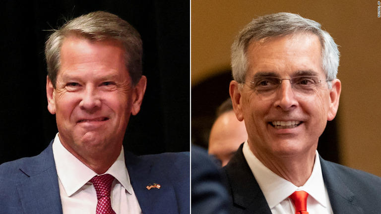 ジョージア州の共和党予備選を制したケンプ知事（左）とラフェンスパーガー州務長官/Reuters, AP
