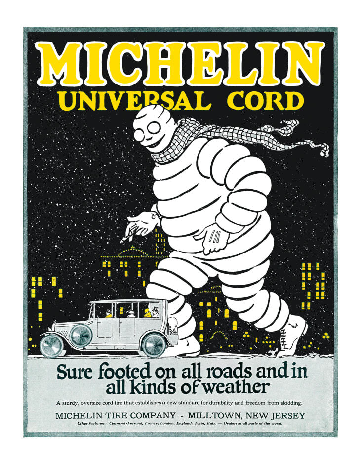 フランスのタイヤメーカー「ミシュラン」の１９２１年の広告。すでに有名なキャラクター「ミシュランマン」が登場している/Courtesy of Taschen