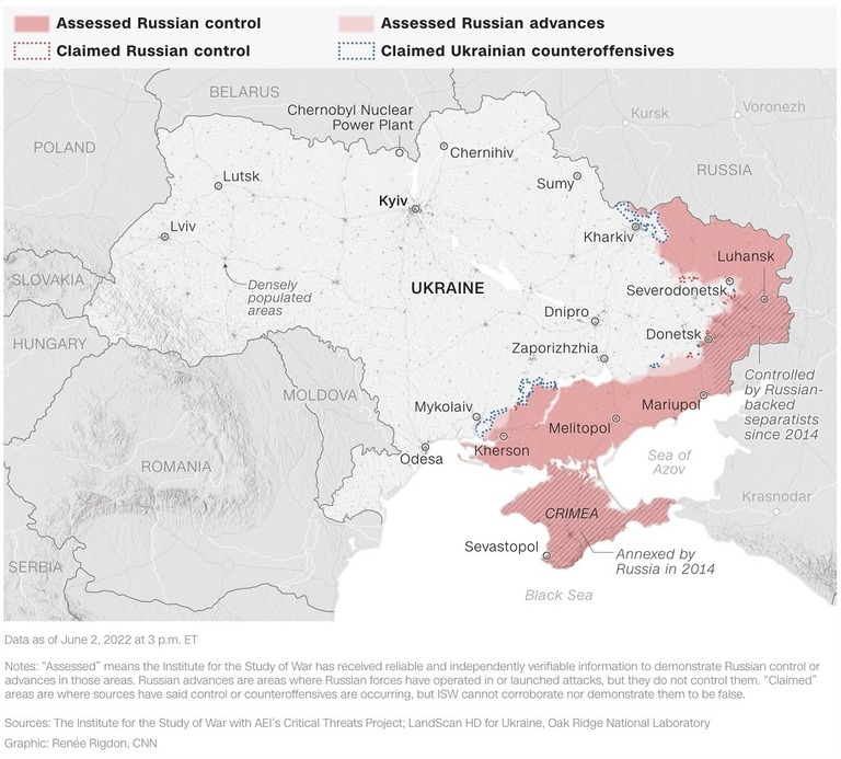 戦争研究所らの調査によるデータ。濃いピンク色の地域はロシアの支配下におかれた地域、薄いピンク色が侵攻の進む地域/Renée Rigdon,CNN