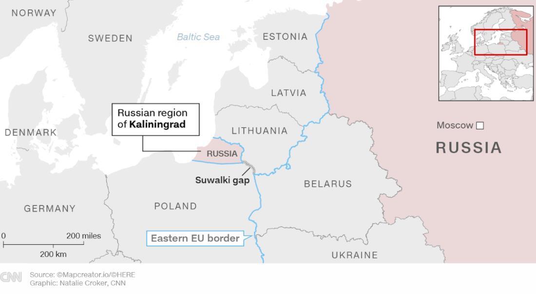 ロシアの飛び地、カリーニングラードと周辺国の地図