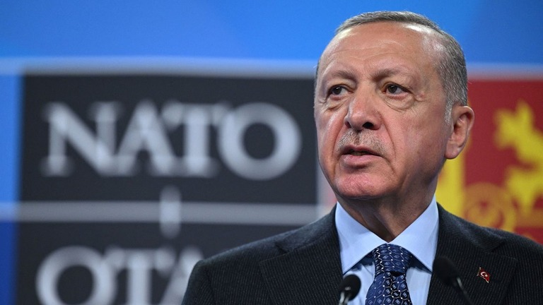 ＮＡＴＯ首脳会議での記者会見で発言するトルコのエルドアン大統領/Gabriel Bouys/AFP/Getty Images