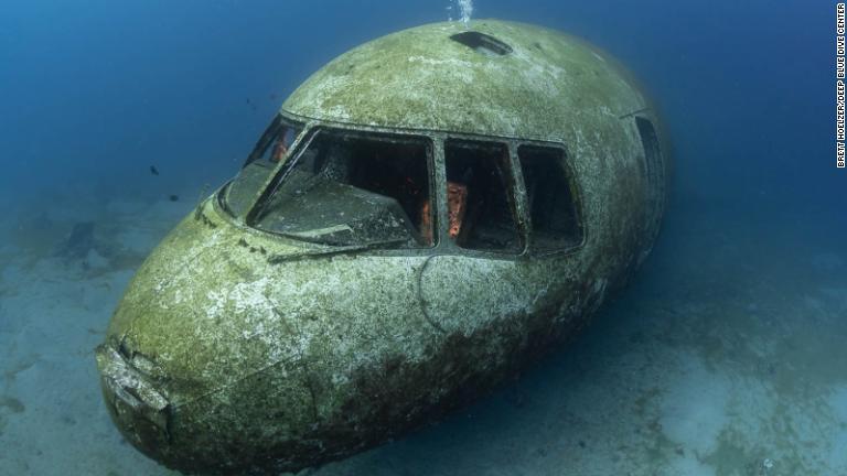 沈んでいるのは深さ１５～２８メートルの海底で、機首が海岸側を向いているため尾翼部分が最深部に位置するという/Brett Hoelzer/@bubba_aqaba