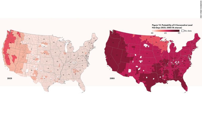 ２０５０年代にかけ、極端に体感温度の高い日が米国のほぼ全域で増加するという/First Street Foundation