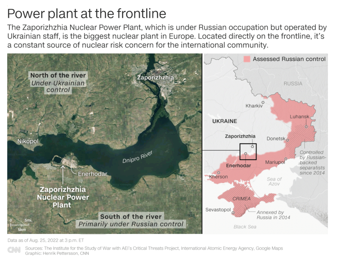 ザポリージャ市とエネルホダル市の位置/Sources: The Institute for the Study of War with AEI's Critical Threats Project, International Atomic Energy Agency, Google Maps Graphic: Henrik Pettersson, CNN