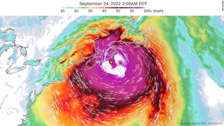 フィオナがカナダに上陸する際の風速の予想図/CNN Weather
