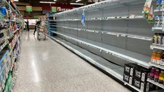 商品がほとんどなくなった陳列棚＝２６日、米フロリダ州キシミーのスーパーマーケット