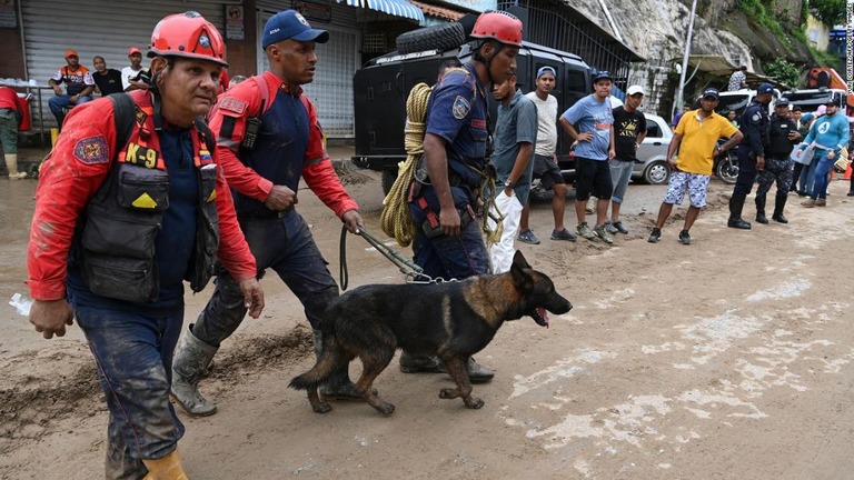 救出作業にあたる捜索犬ら＝９日、ベネズエラ・アラグア州/Yuri Cortez/AFP/Getty Images