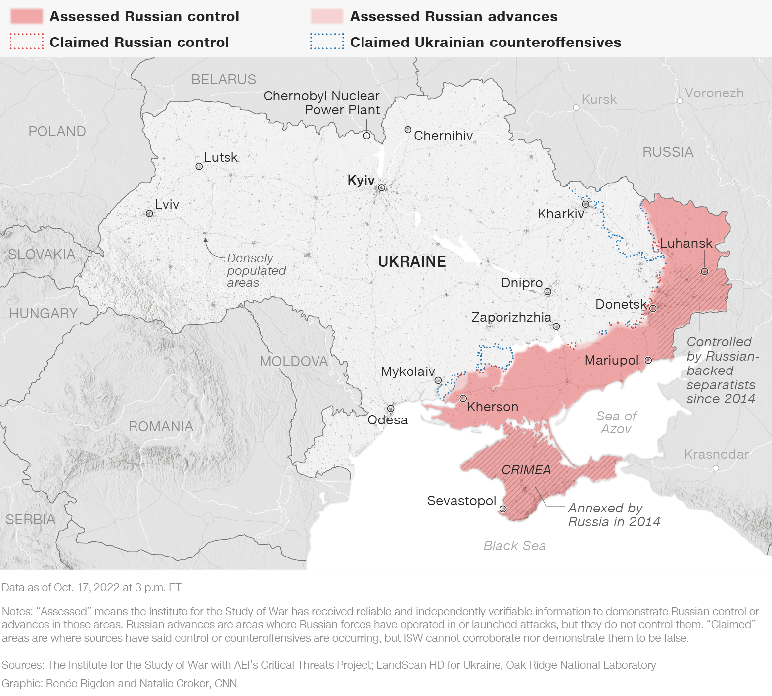 赤色はロシアの推定支配地域、薄い赤色はロシアの推定進軍地域、赤い点はロシアの支配が主張される地域、青い点はウクライナの反攻が主張される地域で、いずれも米東部時間１０月１７日午後３時時点のもの。「推定」とは米シンクタンクの戦争研究所（ＩＳＷ）が信頼できる独立して検証可能な情報を有することを示し、「主張」とは情報筋から支配や反攻が起きているとの情報がありＩＳＷが反証できないことを示す