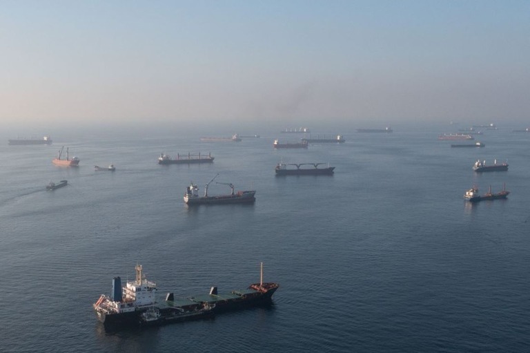 トルコ・イスタンブール沖に停泊する船舶。ウクライナからの穀物を積み検査待ちの船もいる＝２日/Chris McGrath/Getty Images
