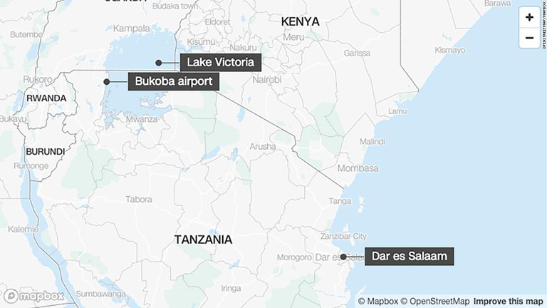 ダルエスサラームを発ちブコバに向かっていた旅客機は、アフリカ最大の淡水湖ビクトリア湖に墜落した/OpenStreetMap/Mapbox