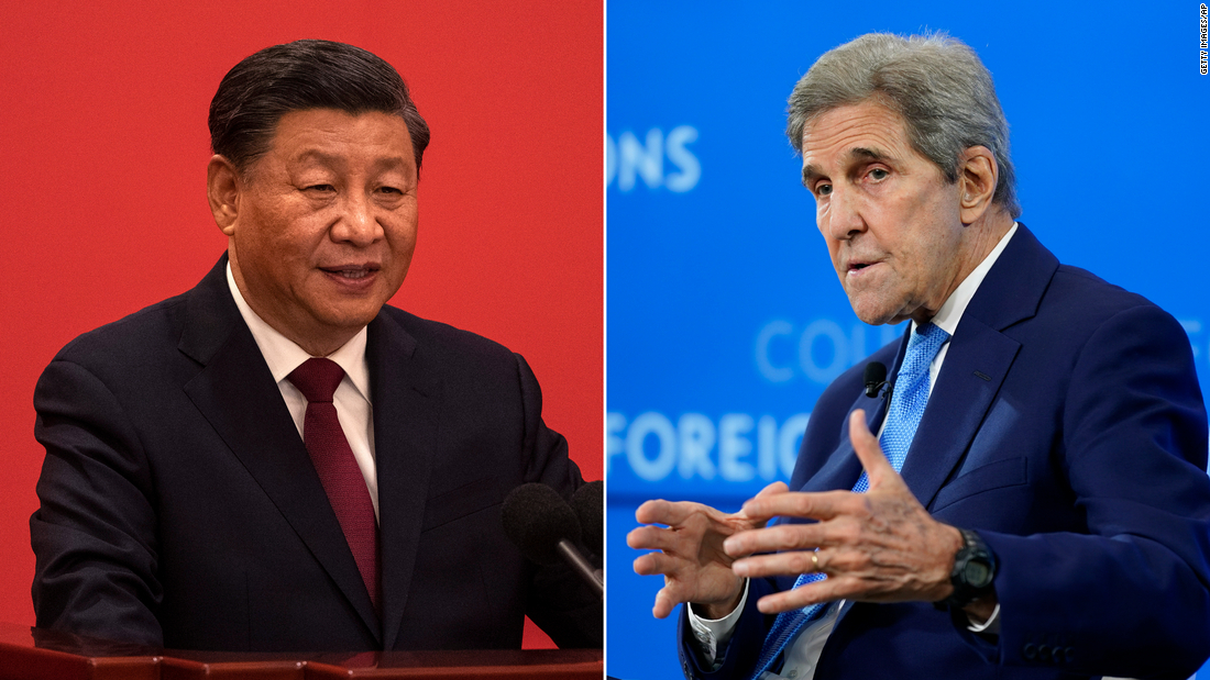 米国のケリー気候変動問題担当大統領特使（右）と中国の習近平国家主席/Getty Images/AP