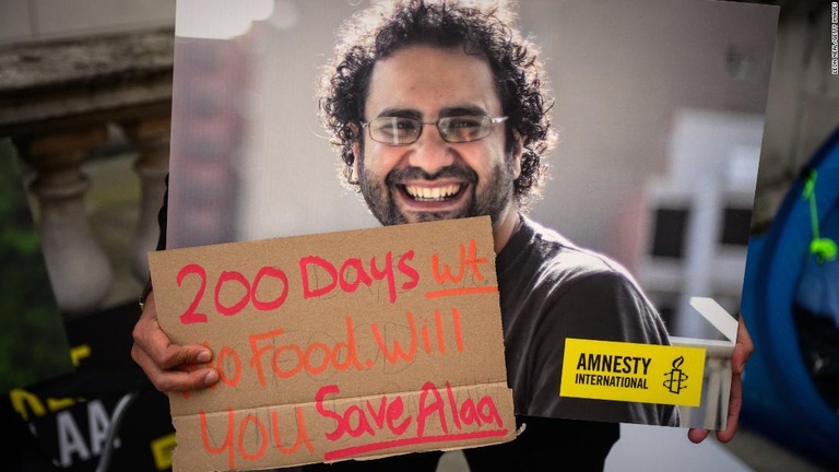 活動家アラア・アブド・エルファタ氏のポスターを掲げて解放を求める支援者＝１０月、英首都ロンドン/Leon Neal/Getty Images
