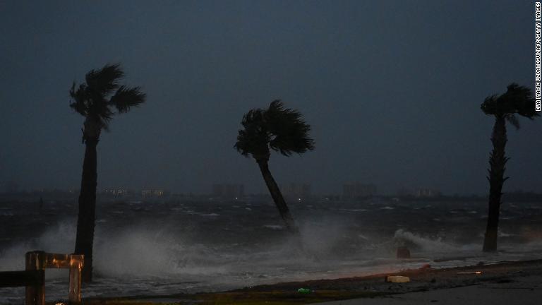 満潮時に強風にあおられるヤシの木＝米フロリダ州ジェンセンビーチ/Eva Marie Uzcategui/AFP/Getty Images