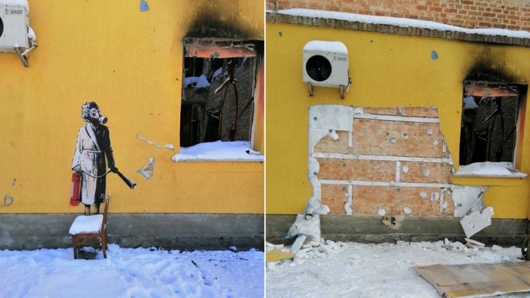覆面アーティストのバンクシーによる壁画を盗もうとした集団が拘束された/Andrey Nebitov/Telegram