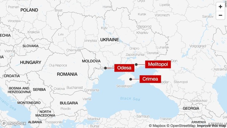 ロシア軍が占領するメリトポリ市や自称「ドネツク人民共和国」、クリミア半島などで複数の爆発が報告されている/Mapbox