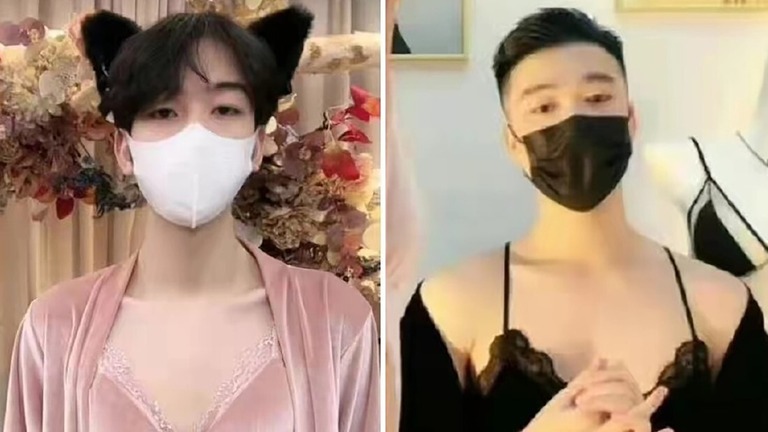 女性の代わりに男性が下着モデルを務める中国ネット販売サイトのライブ配信画像/Weibo