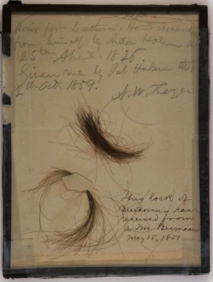 ピアニストのアントン・ハルムに贈られたものを含む写真の２組の髪の房は本物と確認された/Kevin Brown