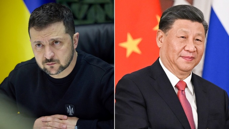 ウクライナのゼレンスキー大統領と中国の習近平・国家主席/Ukrainian Presidential Press Service/Xinhua/Getty Images