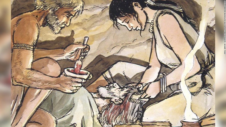 先史時代、葬儀の際に死者の頭髪を染める儀式を行う人々を描いたイラスト/Oriol Garcia i Quera/ASOME-Universitat Autònoma de Barcelona