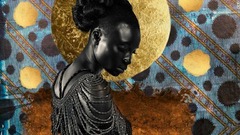 作品にはアフリカ伝統文化の経験で得た「感情的背景が幾重にも重っている」とオケラリン。「She is Adorned（仮訳：着飾る彼女）」シリーズでは、ヨルバ文化のイメージにデジタル処理したコラージュを盛り込み、伝統的な生地「アディレ」の上に重ねている。タイトルは「Constellations of Beauty（美しき星々）」（２０年）