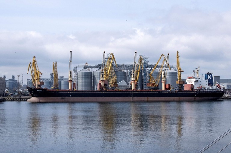 港に停泊するばら積みの貨物船＝１０日、ウクライナ・オデーサ/Bo Amstrup/Ritzau Scanpix/AFP/Getty Images