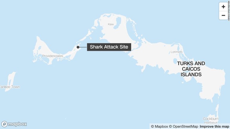 英領タークス・カイコス諸島。黒丸は女性がサメに襲われた現場地域/Mapbox/OpenStreetMap