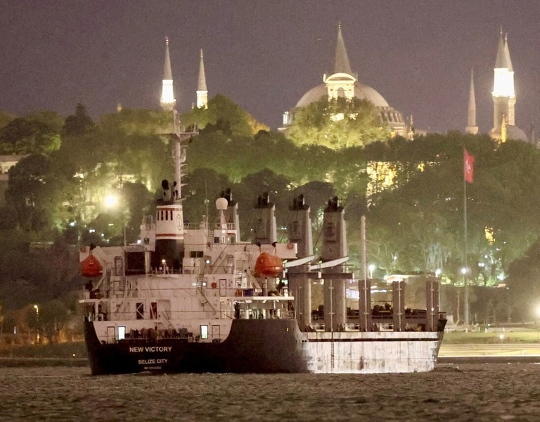 黒海穀物イニシアチブの下、穀物を運ぶ輸送船＝５月１２日、トルコ・イスタンブールのボスポラス海峡/Yoruk Isik/Reuters/FILE