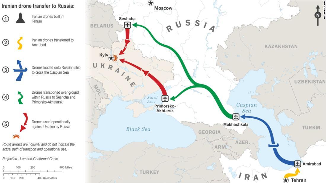 イランは資材やドローンの完成品をカスピ海経由でロシアに輸送しているとみられる/US Government