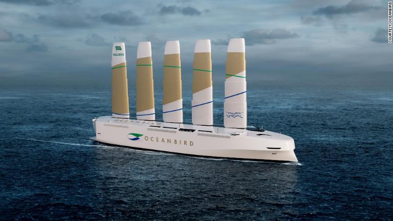 自動車運搬船「オーシャンバード」のイメージ図。ガスの排出を９０％削減するという/Courtesy Oceanbird