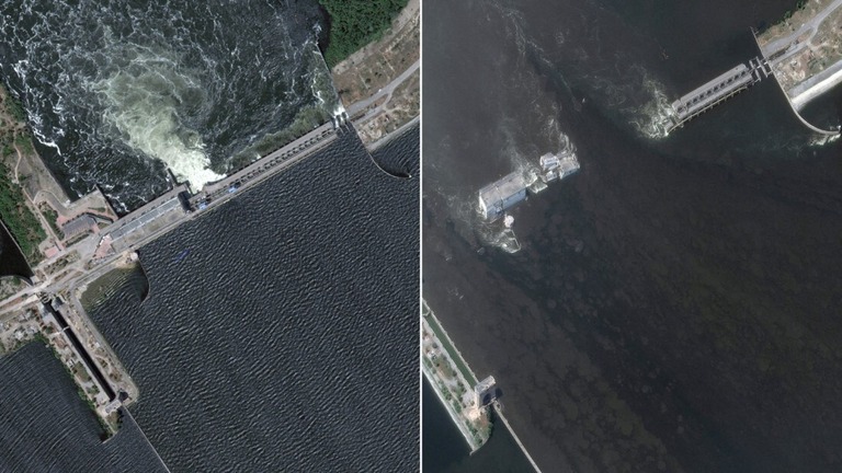 カホウカ・ダムの決壊前（左・６月５日）と決壊後（右・６月７日）の衛星画像/Maxar Technologies/Reuters